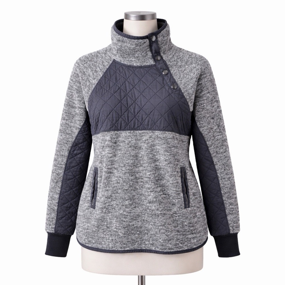 Abercrombie & Fitch Quilted Snap Fleece Pullover Sweatshirt‎ Gray Navy Men Small